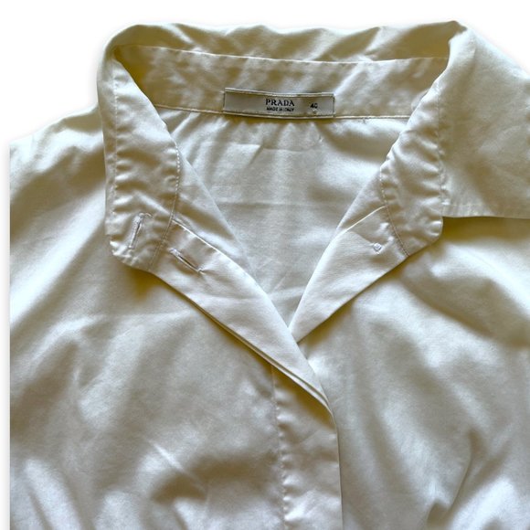 PRADA White Button-Up Blouse with Puff Sleeves and Tie Waist | Size 4 Excellent - Picture 7 of 8